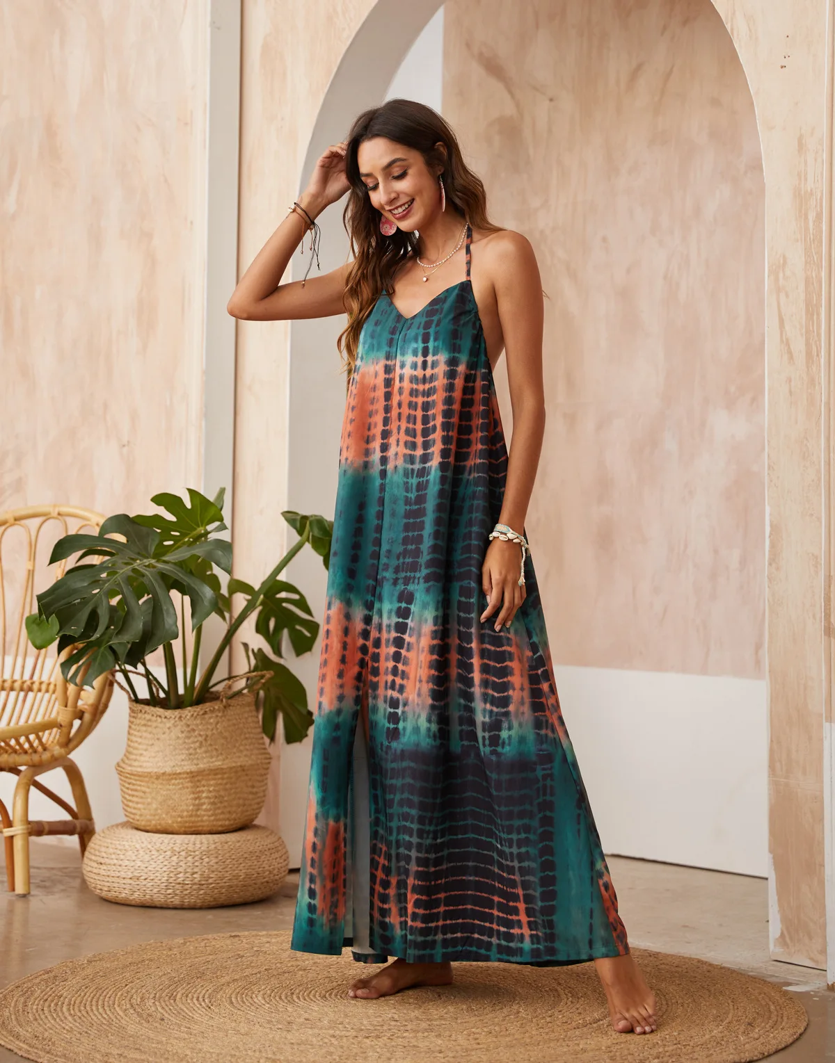 

Women Dress 2021 Summer Sling Sexy V-neck Print Dress Fashion Lace-up Split Backless Dress Woman Vestido Feminino Robe Donsignet