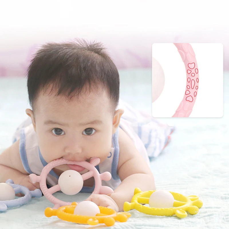 

blue/pink/yellow Infant cartoon hand grab rattle teether toy baby teething silicon teether silicone teething toys for baby safe