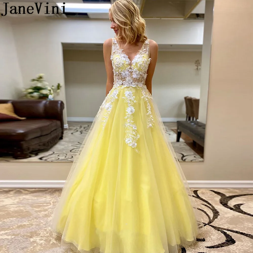 

JaneVini Blue Yellow Prom Dresses 3D Flowers Long Transparent Candy Color Lace Pearls Formal Party Gown Backless Tulle Juniors