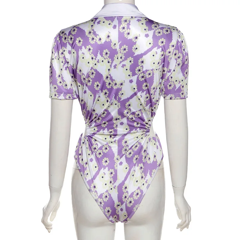 

ALLNeon Vintage 90s Floral Print Hollow Out Bodysuits Y2K Streetwear Turn Down Collar Short Sleeve Buttons Bodys Summer Rompers