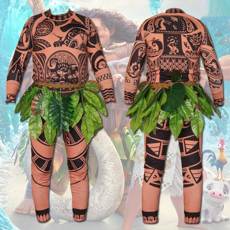 

Мужской костюм для косплея Моана Maui, футболка с татуировкой, штаны и юбка, костюм для косплея на Хэллоуин для взрослых, костюм для Отца и Сына