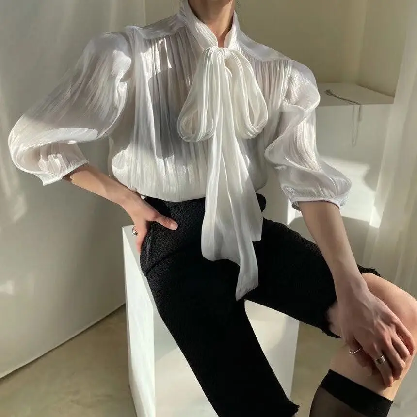 

Sexy See Through Lace Up Bow Design Stand Collar Blouse Women Office Lady Puff Long Sleeve Solid Loose Shirt 2021 Spring Blusas