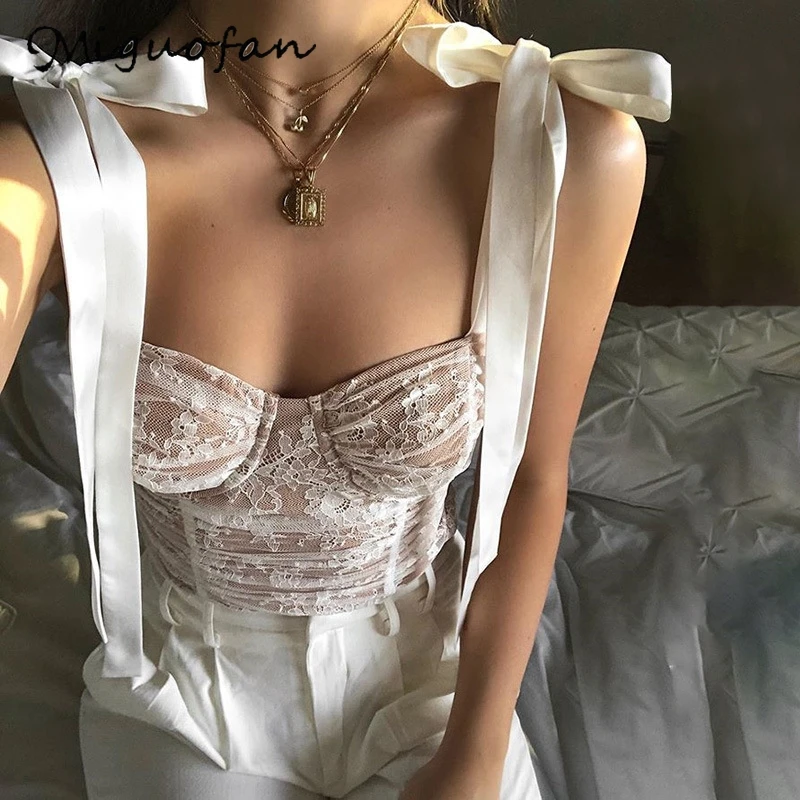 Женский укороченный топ Miguofan кружевной облегающий Топ без бретелек с бантом и