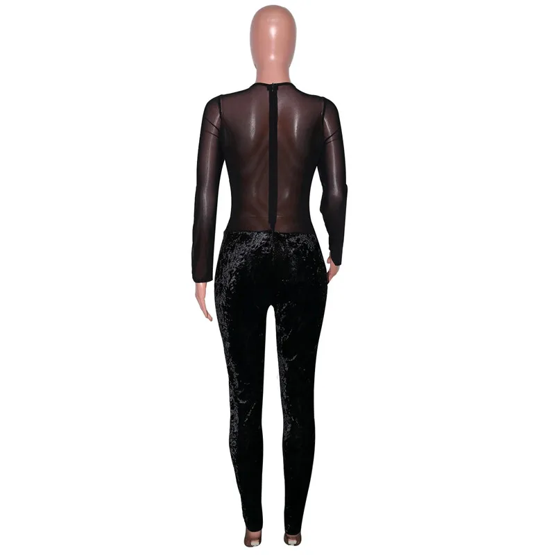 

CHRONSTYLEMesh Velvet Patchwork Jumpsuit Women Sexy See Through Leggings Bodycon Night Clubwear Party Jumpsuit Overalls Rompers