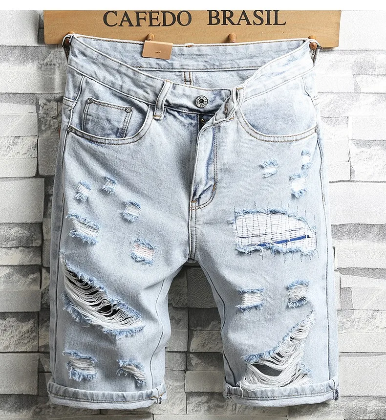 Фото Шорты мужские джинсовые с дырками светло-голубые прямые шорты до колен большие