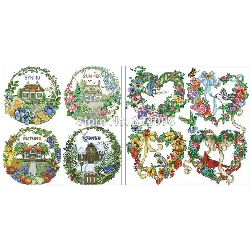 

Four Seasons Wreath patterns Counted Cross Stitch 11CT 14CT 18CT DIY Chinese Cross Stitch Kits Embroidery Needlework Sets