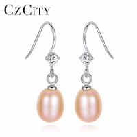 czcity 925 silver parts rhodium women 7 7 5mm freshwater pearl earrings with single cz stone crystal drop earring for girls gift