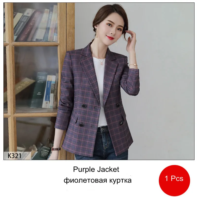 Фиолетовый Клетчатая куртка женские блейзеры женский костюм куртка осенний офисный женский Винтажный Длинный рукав блейзеры для женщин официальные 80321 - Цвет: Фиолетовый
