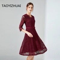 taoyizhuai vintage style midi women lace dress a line v neck wine red color flare half sleeves plus size luxury elegant dress