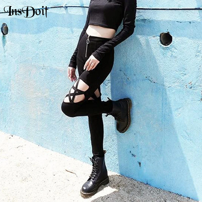 InsDoit в готическом стиле черные брюки панк с пятью вышитыми со сквозными