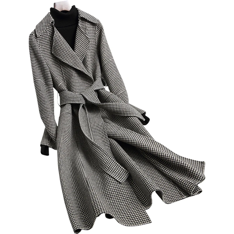 

Роскошное Женское пальто из 100% шерсти, двустороннее кашемировое длинное шерстяное пальто в клетку, женское приталенное серое пальто с пояс...