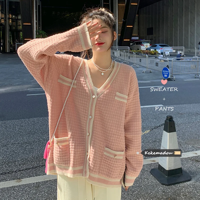 

Cashmere Sweater Cardigan Sweater Coat Women's Autumn Winter New Korean V-neck Sweet Pink Long Sleeved Knitted Cardigan Women