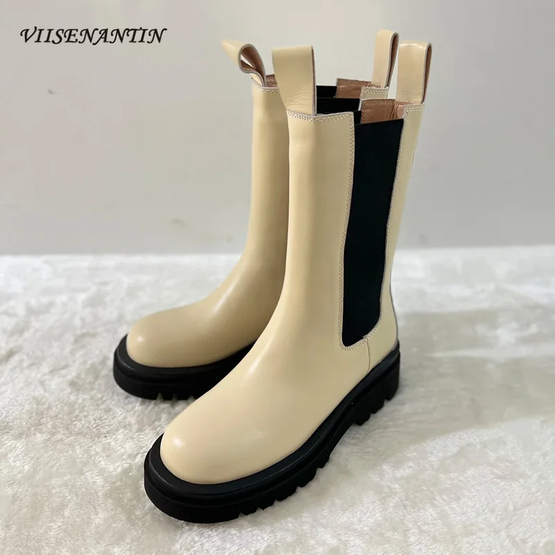 

British All-match Mid-tube Martin Boots Smoke Tube Boots Genuine Leather Thick-soled Round Toe Casual Short Tube Chelsea Boots