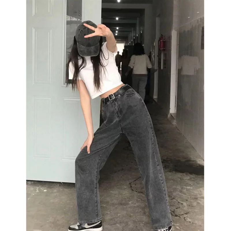 

Retro Smoky Gray Jeans Women's Spring and Autumn Thin Small High Waist Loose Straight Mopping Pants High
