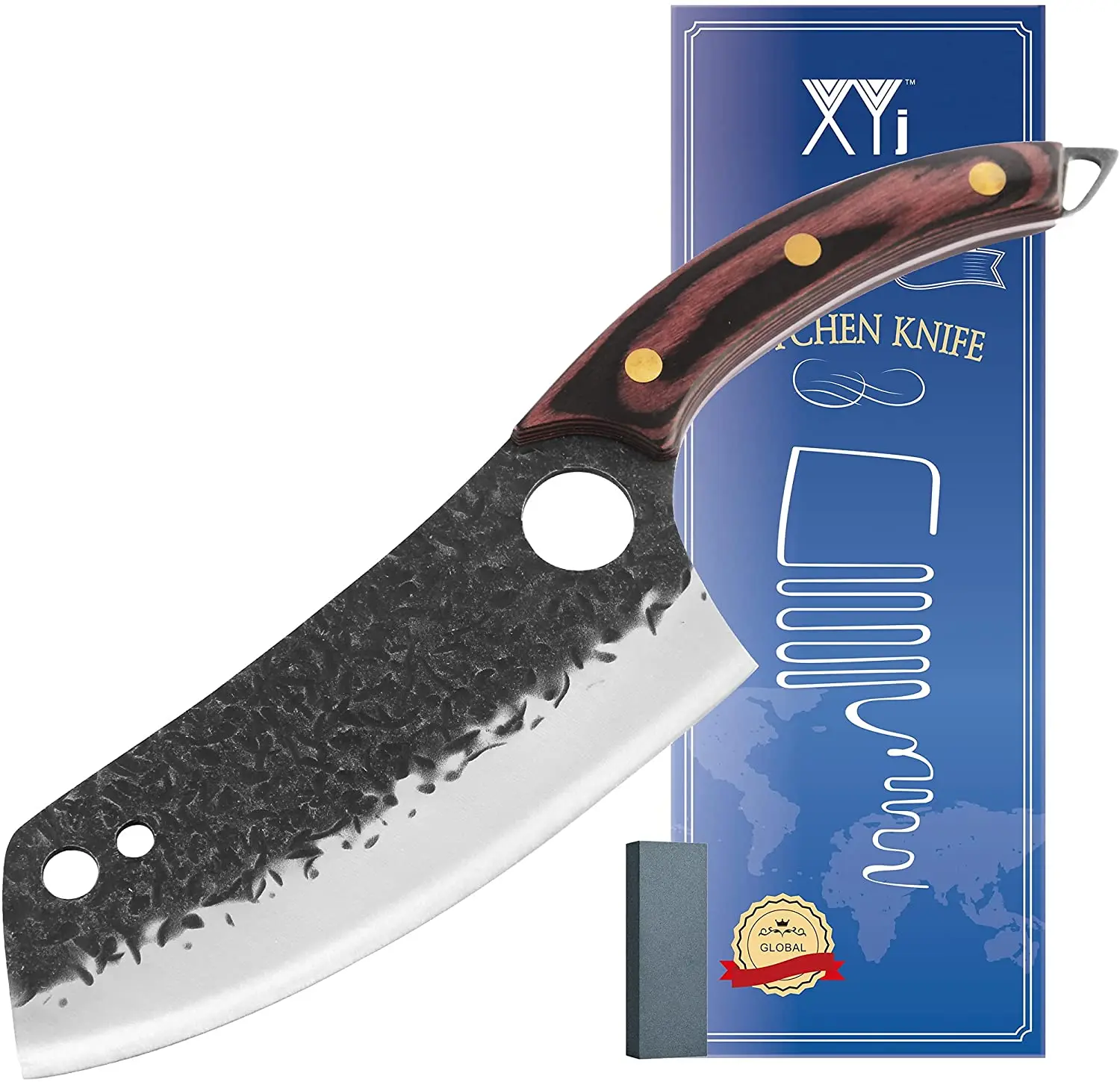 

XYJ Full Tang Chopping Knife 7 Inch Stainless Steel Meat Cleavers Hammer Finish Blade With Pakka Wood Handle Mini Whetstone
