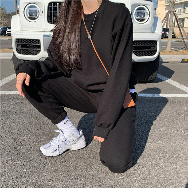 

Elegant Thick Warm 2Pcs Sets 2021 New Spring Autumn OL Plus Velvet Casual Sportswear Sweatshirt + Pants Two-piece Suits