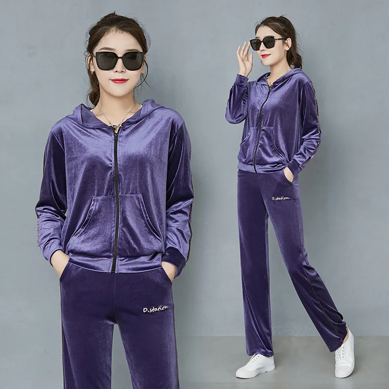 Purple straight Осенняя и зимняя женская куртка спортивная модная повседневная мягкая велюровая Толстовка комплект из 2 предметов пуловер с длинными рукавами спортивные костюмы - Цвет: Purple straight