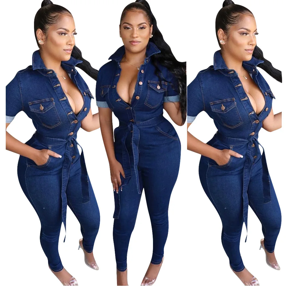 Женский джинсовый комбинезон с длинным рукавом Облегающий поясом сексуальный