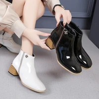 2020 winter boots women basic ankle boots woman square toe zip platform boot female shoes shining pu leather boots botas mujer