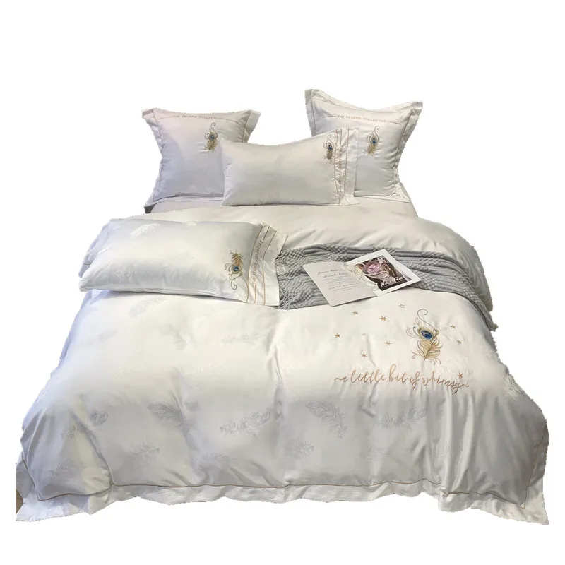 

Cotton four piece set 60 thread count Satin Jacquard embroidered bed sheet bed fitted sheet bedding gift wholesale one