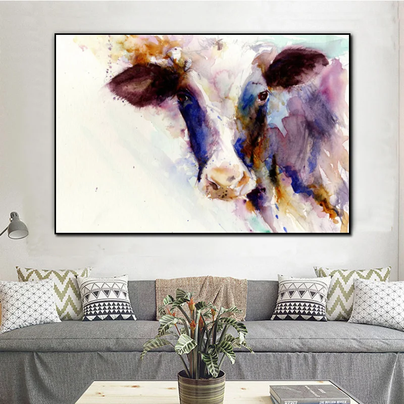 Абстрактная акварель корова постеры с животными и принты настенные картины для