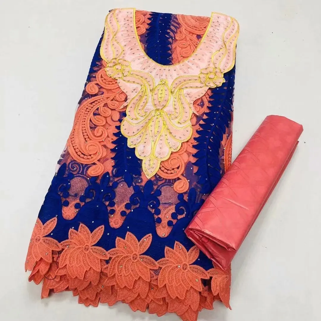 

2.5y Lace +2.5y African Perfume Bazin Riche Fabric with Brode with Collar 2021 Embroidery Basin Lace Fabric for Wedding BM4782b