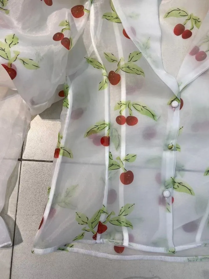

[Aurance] Women Vintage Style Puff Sleeve Blouse Organza Women Shirts Cherry Printed Retro Long Sleeve Ladies Tops Spring 2021