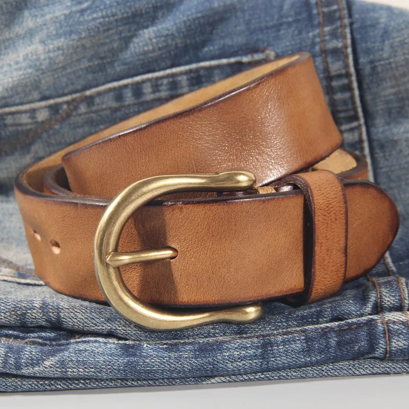 

Handmade classic retro style pure copper Horseshoe buckle no interlayer cowhide men's belt 100% genuine leather Jeans Soft Belt
