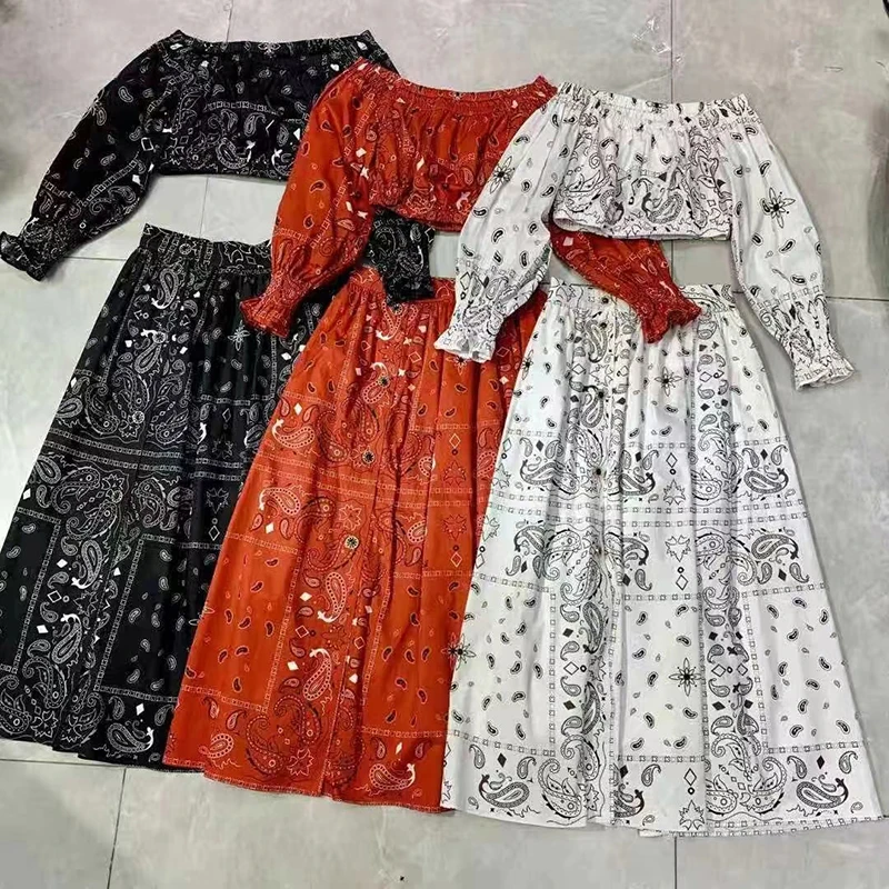 

VGH Vintage Two Piece Set For Women Slash Neck Lantern Long Sleeve Short Tops High Waist Midi Skirts Casual Sets Female 2021 New