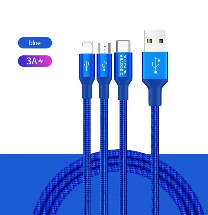 3 in 1 Cable Blue 3A Нейлоновый Плетеный Универсальный 3 в 1 usb зарядный кабель адаптер для iOS для iPhone usb type C Micro USB разъем для Xiaomi OnePlus - Цвет: 3 in 1 Cable Blue 3A