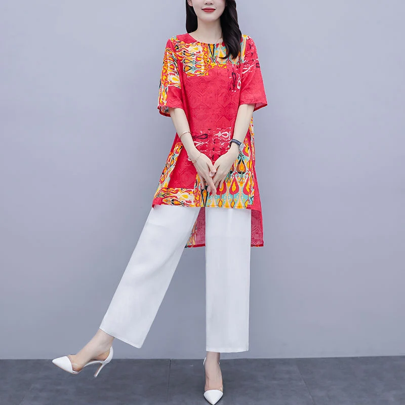 Костюм-двойка женский однотонный Повседневная Блузка с винтажным принтом