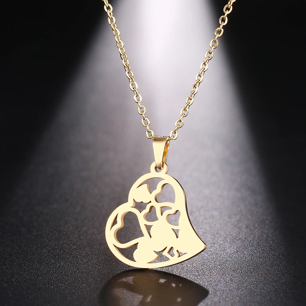 

2021 Romantic Stainless Steel Lover Heart Couple Necklace For Women Hollow Gold Color Pendant Necklace Valentine's Day Jewelry
