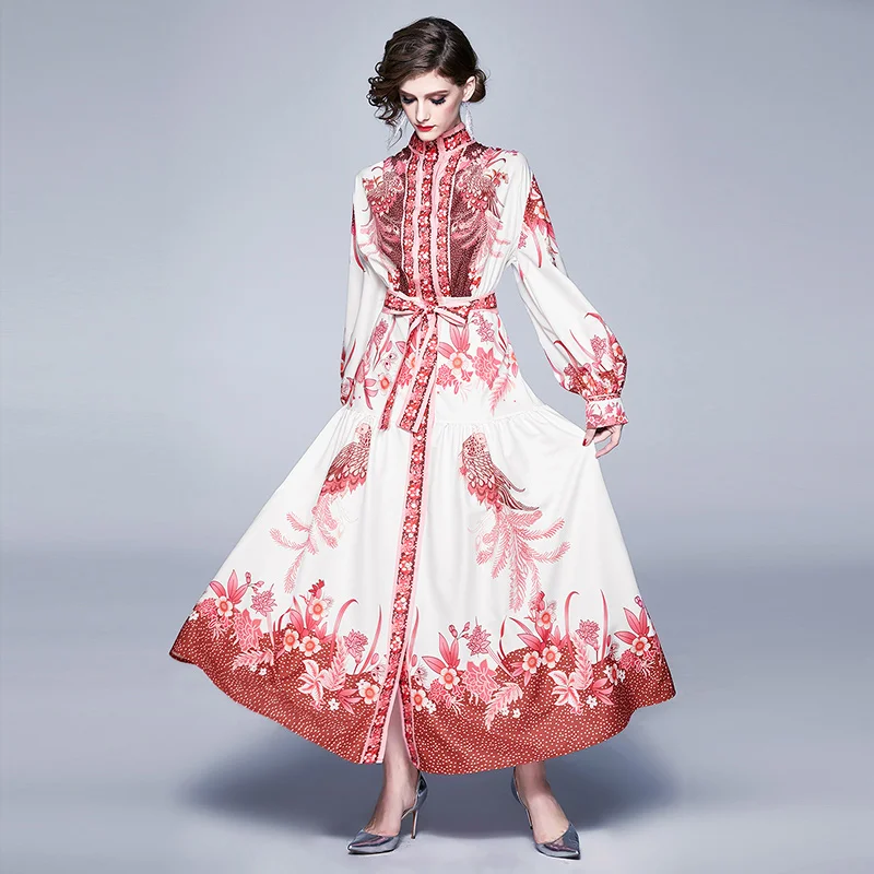 

2020 New Spring Autumn Women Dress High Quality Ethnic Style Retro Print Runway Long Dress Luxury Evening Party Dress