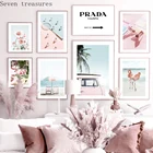 Картина на холсте Пальма, Ван, Зонтик, пляжные цветы, Фламинго