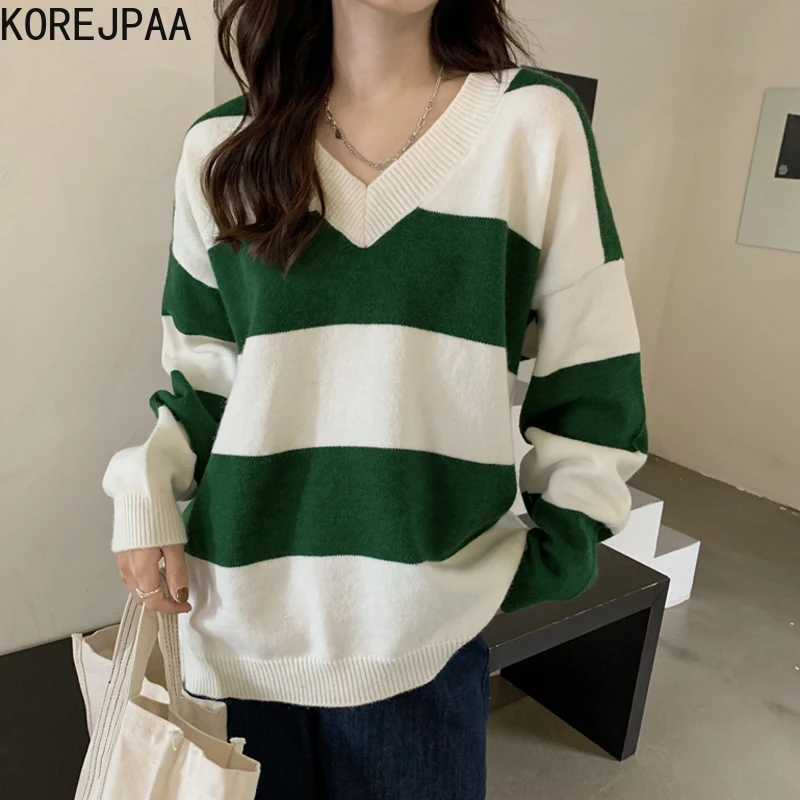 

Korejpaa Striped V-neck Sweater 2021 Autumn Winter New Korean Casual All Match Long-sleeved Pullover Knitwear Femme Elegant