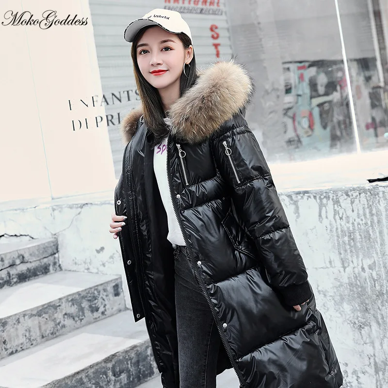MokoGoddess модные зимние женские длинные глянцевые пуховики с большим меховым