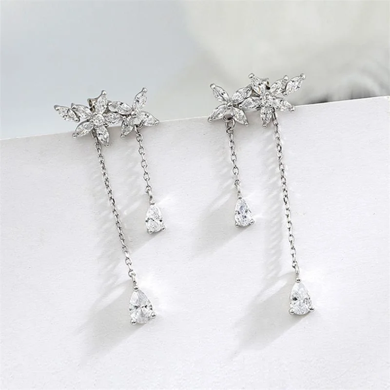 

2021 New Fashion Crystal Flower Earrings For Women Jewelry Bright Silver 925 Women Tassel Drop Earring Female Party Accessories