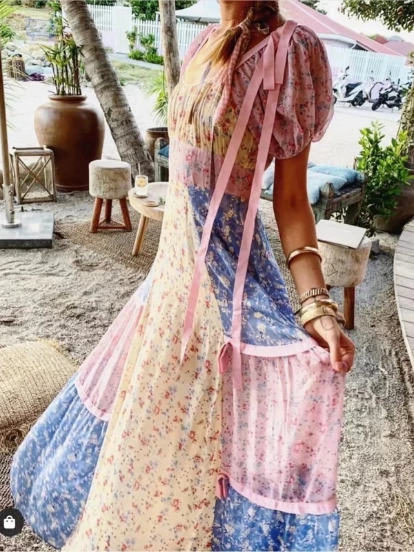 Bohemian Dress Women Color Matching Print Fairy Beach Maxi Dress Short Sleeve French Romantic Floral Holiday Elegant Long Dress
