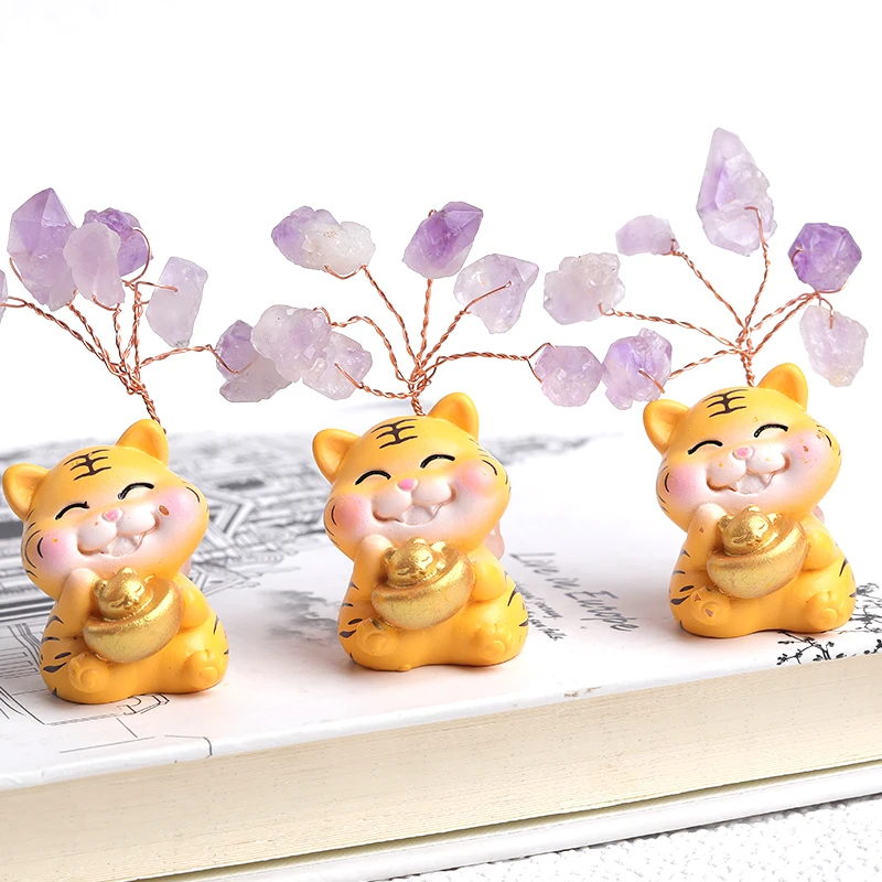 

1PC Figurine Tiger Natural Amethyst Lucky Tree Crystal Quartz Mineral Ornaments Irregular Shape Home Decor Healing Stone Gifts