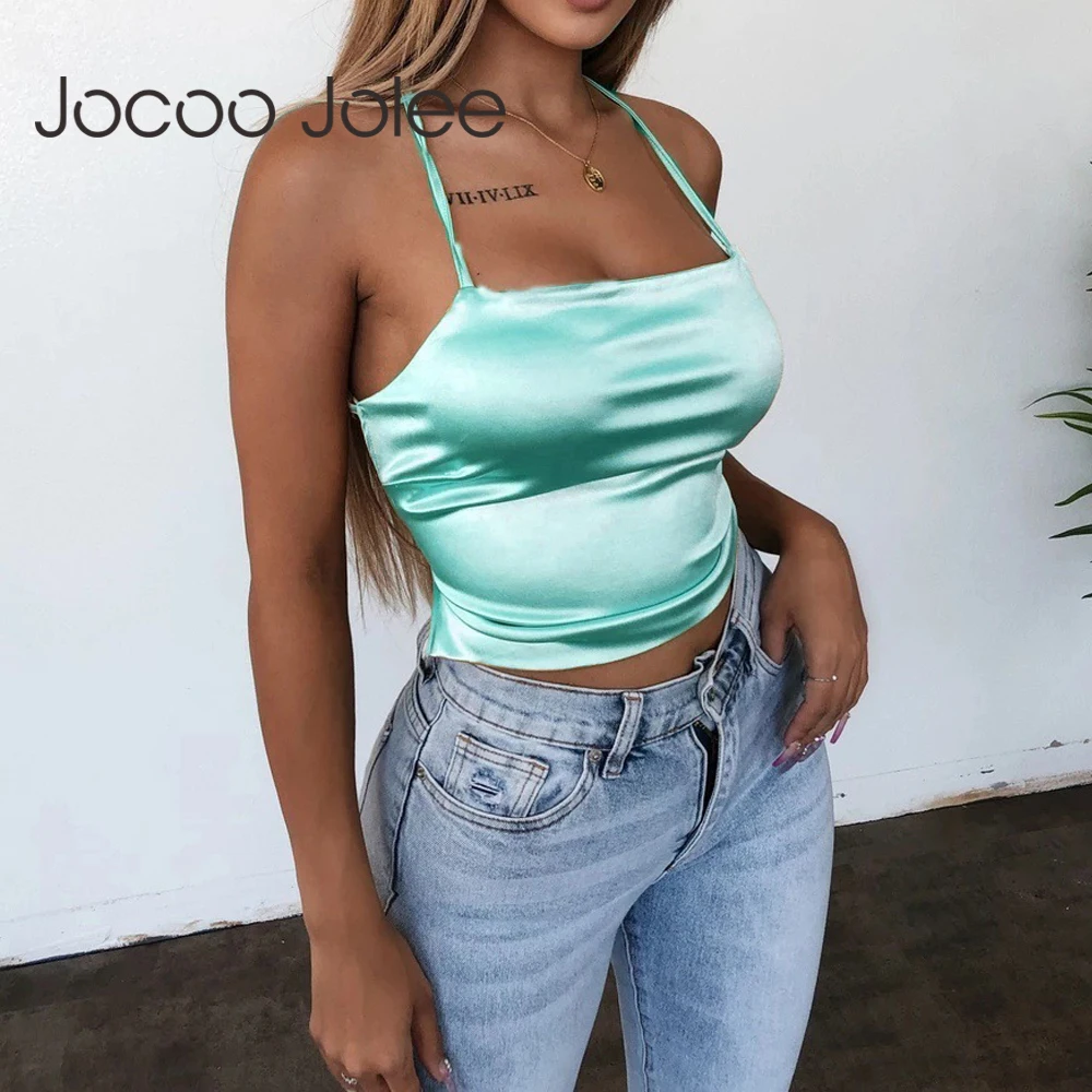 

Jocoo Jolee Sexy Satin Camis Elegant Lace Up Backless Cropped Tops Vintage 90s Tank Tops Casual Summer Skinny Cute Tops Vest