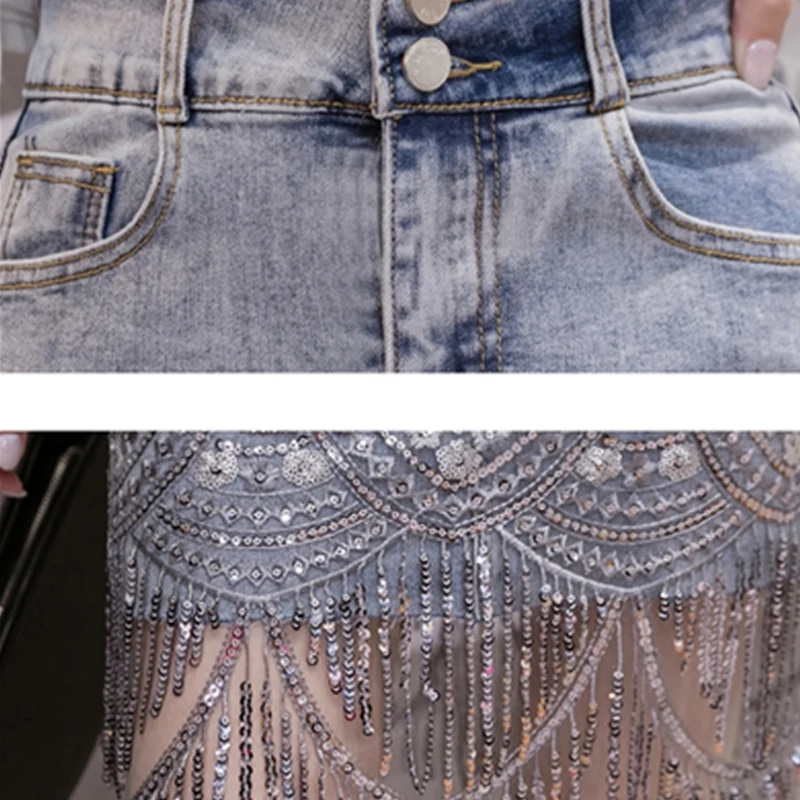 

Denim Fashion Mini Skirts Women Summer Korean Sexy High Waist Blue Package Hip Jeans Beading Embroidery Tassel Skirt Jupe Femme