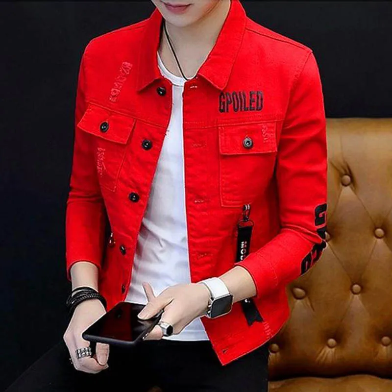 

Hot 2021 Men's denim jacket spring autumn letter printed Grey/red/black/white Slim cowboy handsome clothes teenagers denim coat