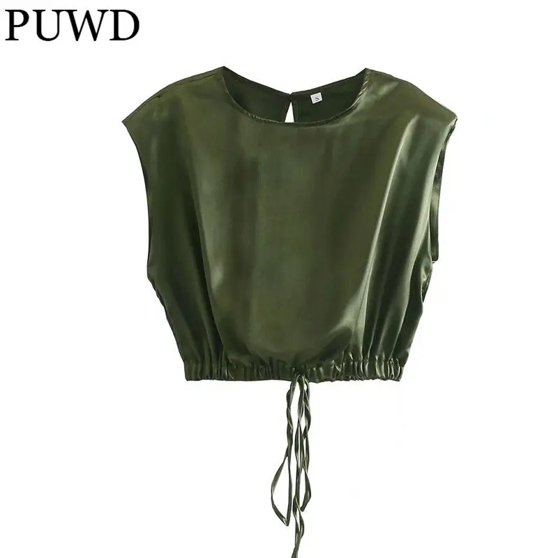 

Женская однотонная шелковая майка PUWD, коллекция Лето 2021, модный Женский Повседневный винтажный укороченный топ с наплечниками, женский кор...