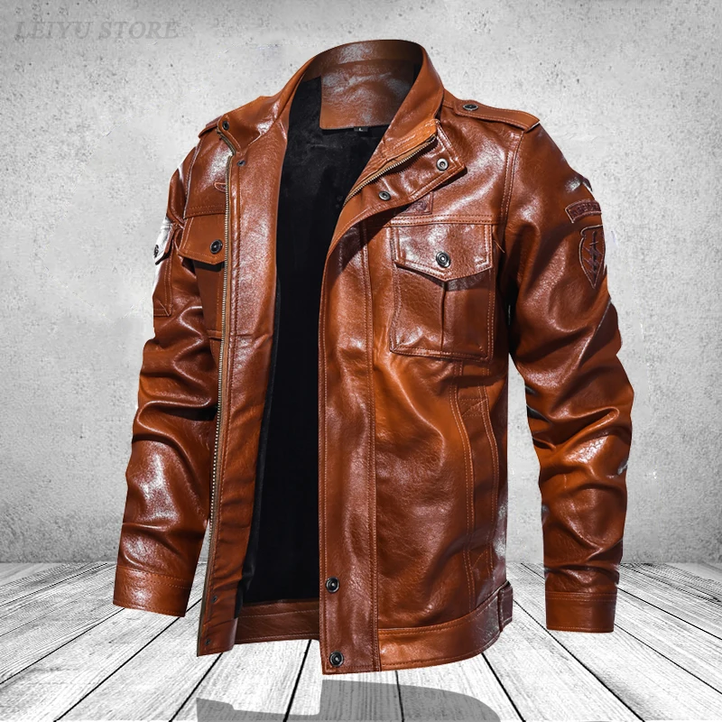 

Brown Pocket PU Leather Jackets Man Sheepskin Coat Winter Windproof Men's Mink Fur Velvet Clothing Motorcycle Male Cow Pilot