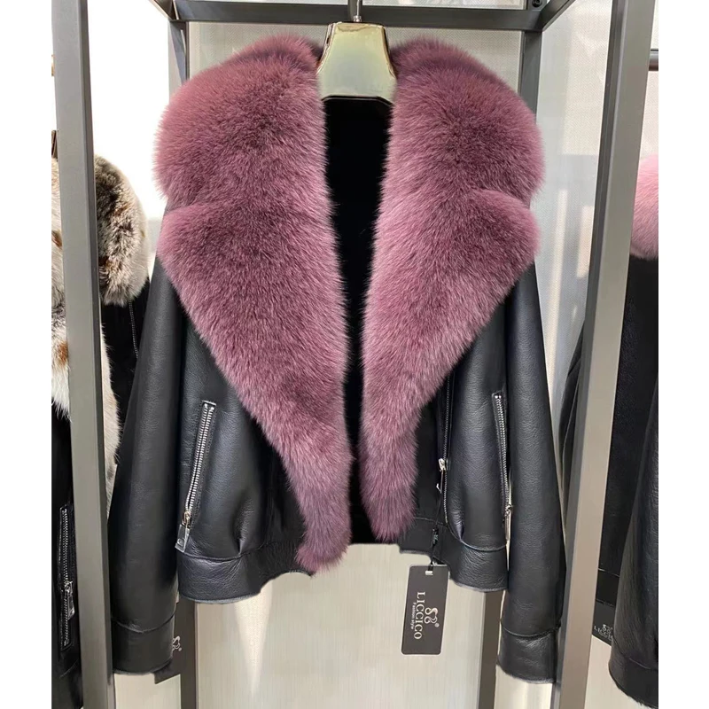 

Winter Leather Jacket, Natural Women's High Quality, Leather Jacket, Luxury Coat With Fox Fur Lapel 2021