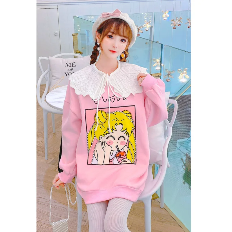 

Sailor Moon Print Pullovers Oversized Sweet Hoodie Plus Size Winter Fleece Thick Cute Sweatshirt Women Japenese Streetwear Tops