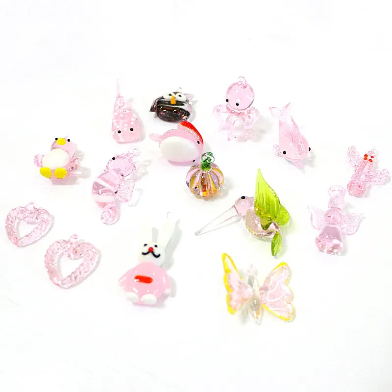 

Hanging Mini Pink Glass Figurines Ornament Cute Sea Animal Plant Bird Pendant Home Garden Wedding Party Kawaii Decor Accessories