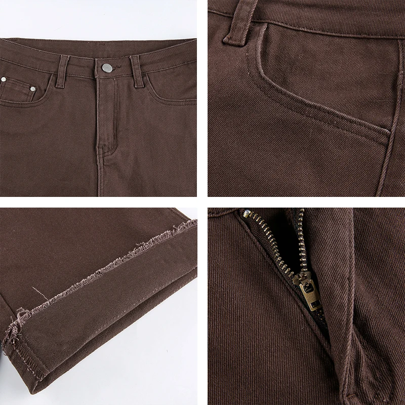 

Vintage Brown Y2K Jeans For Girls Female Fashion Women's Classic Flare Denim Pants High Waist Trouser Harajuku Capris Pockets