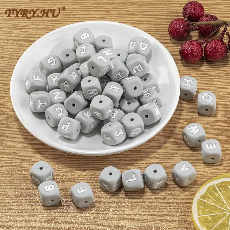 

26pc Light Grey Alphabet Silicone Chewing Beads For Teething Necklace Food GradeLetter DIY Baby Name BPA Free Baby Teether