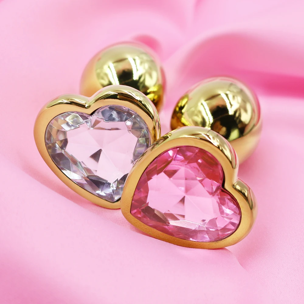 Анальная пробка с золотым металлическим розовым кристаллом в форме сердца